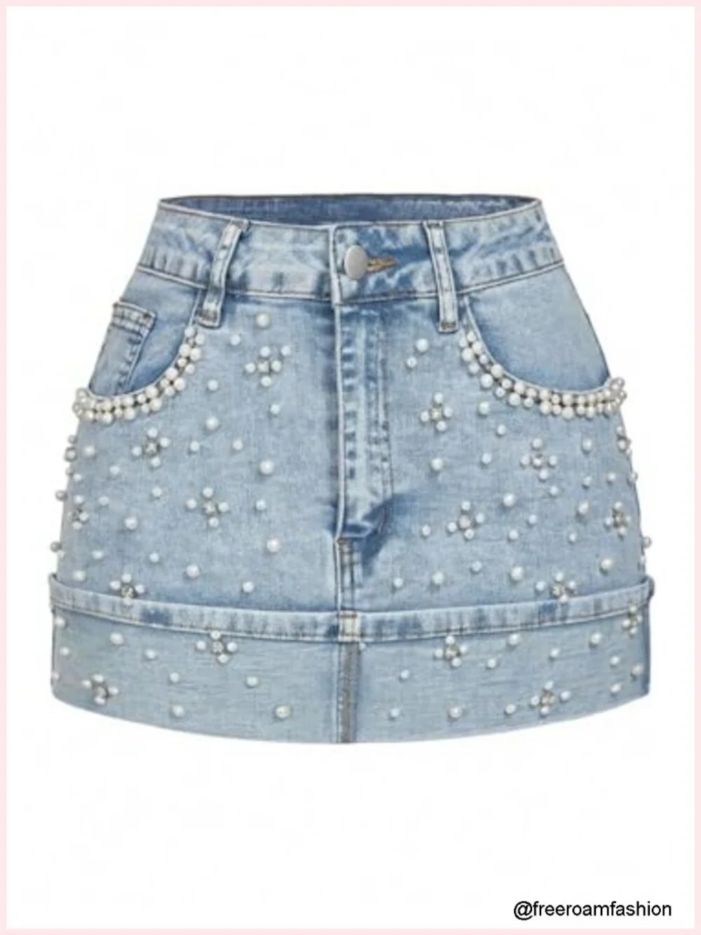 Cuffed Jean Skirt with Rhinestone Pearls, A-Line Mini, Button Fly